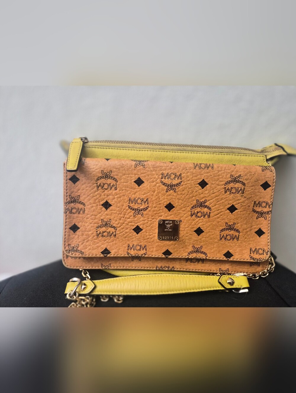 MCM Cognac Visetos Crossbody Bag with Yellow Trim